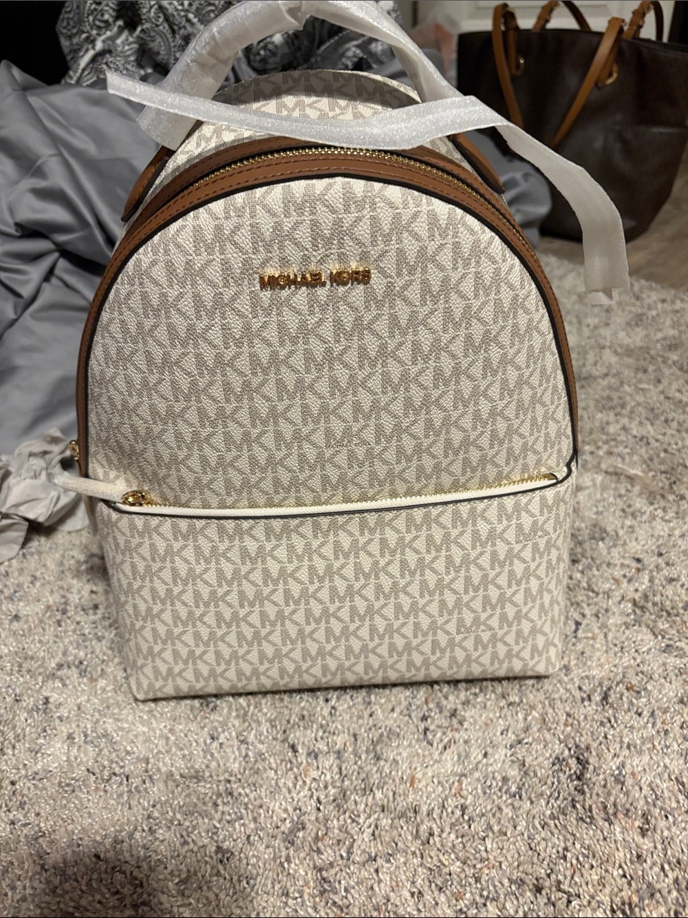 Michael Kors Cream and Brown Signature Mini Backpack